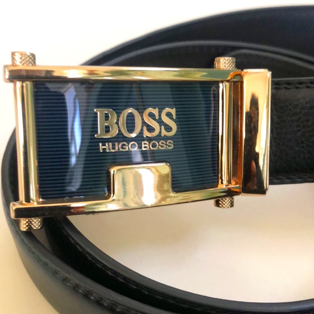 Hugo Boss Mens Black Leather Easy Lock Automatic Buckle Dress Belt Size 47 - Picture 1 of 5